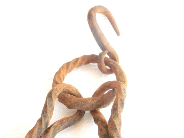 ANTIQUE forged CHAIN hearth FIREPLACE trammel lug pole HOOK twisted wrought iron 3