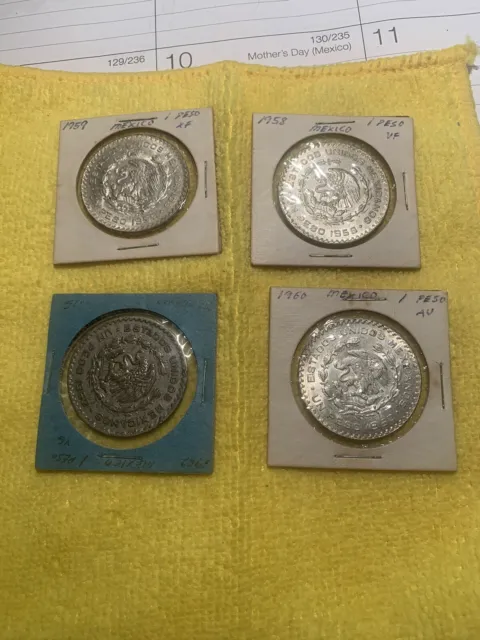 Four 40% Silver One Peso Mexican Coins