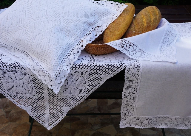 Tovaglia con pizzo uncinetto bianco nostalgia corridore cuscino cotone/poliest.999