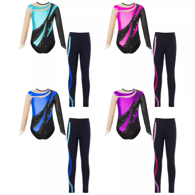 Mädchen Gymnastikanzug Langarm Turnanzug mit Leggings Sport Hose Trainingsanzug