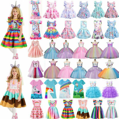 UK Unicorn Girls Tutu Dress Rainbow Princess Kids Birthday Party Dresses Outfits