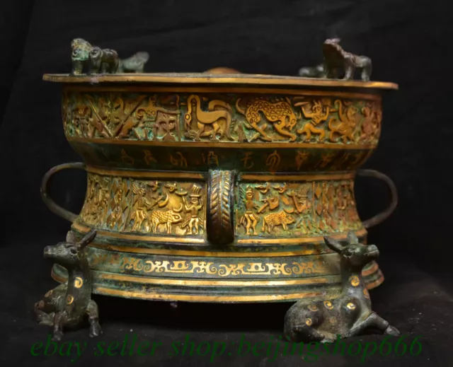 8" Old Chinese Bronze ware Gilt Dynasty Deer Beast Round Drum Statue