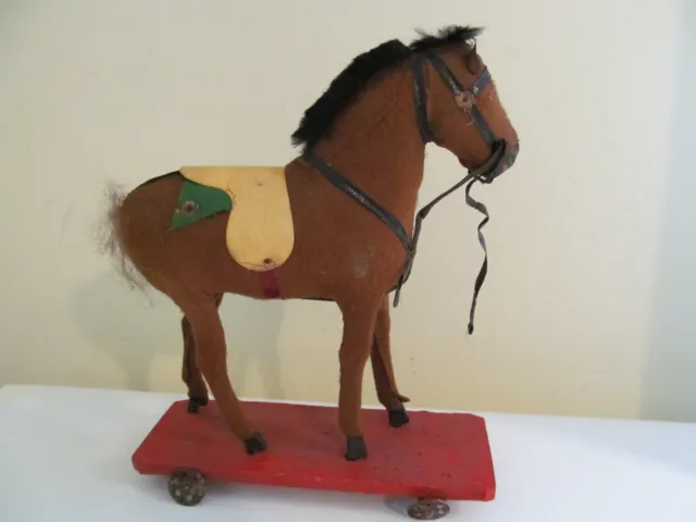 Antique Germany Childs Mohair Pull Toy Horse On Wheeled Base All Original