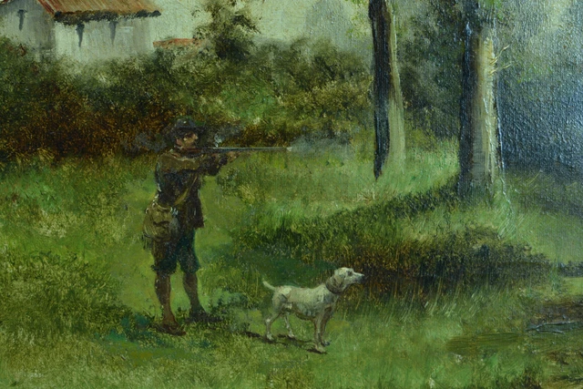 BEAU TABLEAU ANCIEN scene de Chasse Pêche marais Chien Palombes signé