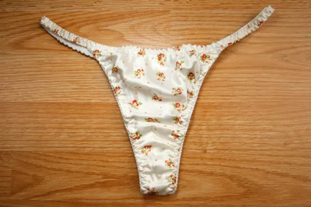 Vintage Japanese Nylon Shiny Slippery Pretty Cute Floral White Thong Panty Large