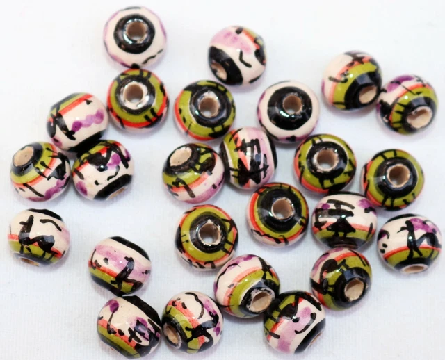 25 Peru Keramik Perlen, 10 mm Kugel rund, Inka Lama Anden Motiv Perle violett