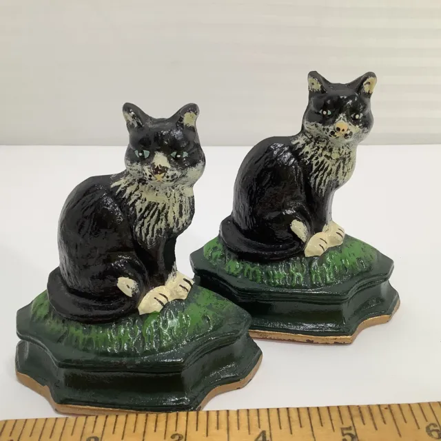 Vintage Pair Cast Iron CAT Door Stops Painted Black White On Grass Heavy Solid