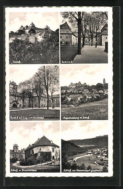 AK Augustusburg i. Erzgeb., Ortspartie mit Schloß, Schloß mit Brunenhaus, Turm