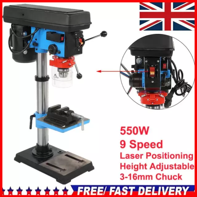 Bench Drill Press New Heavy Duty 550W Rotary 16Mm Pillar 9 Speed Press Drilling-