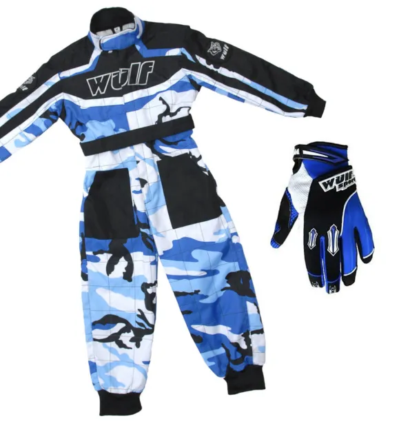 Kids Wulfsport Wulf MX Quad Motocross Overall And Gloves Blue Camo Set #O1
