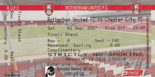 Ticket - Rotherham United v Chester City 01.09.07