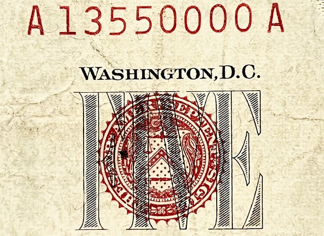 13550000 – Rare Serial #! 1963 $5 Five Dollar Bill RED SEAL  Misalignment Error