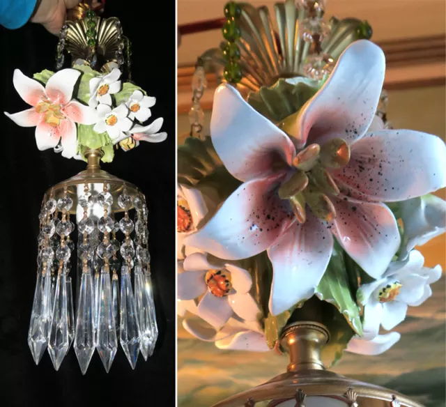 Porcelain Pink Lily Dogwood Capodimonte Brass tole chandelier Swag vintage lamp