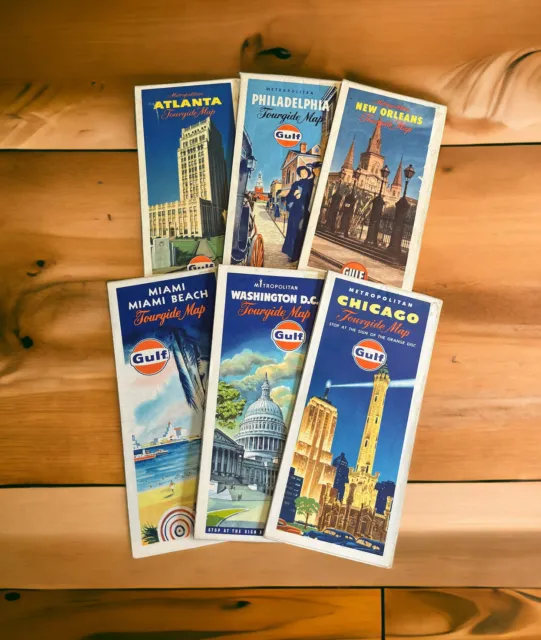Lot Of 6 Vintage 1960s Gulf Oil Tourgide Maps New Orleans Chicago Philadelphia