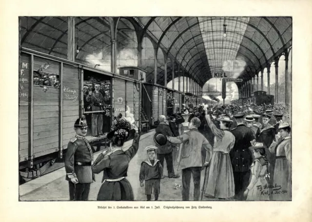 Hauptbahnhof Kiel -  Abfahrt 1. Seebataillon XL Kunstdruck 1900 Marine Matrosen