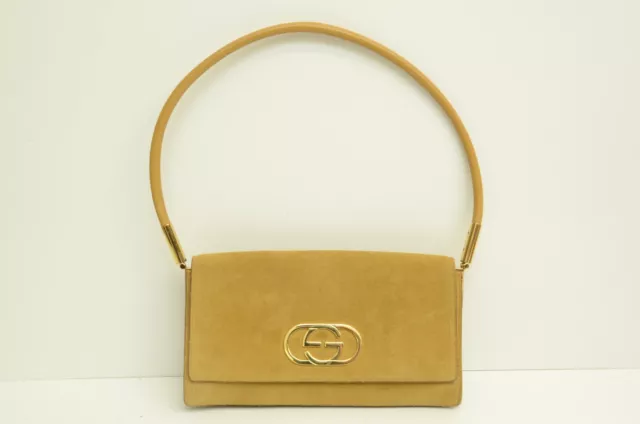 Authentic Gucci Vintage Tan Suede Rectangle Leather Strap GG Logo Shoulder Bag