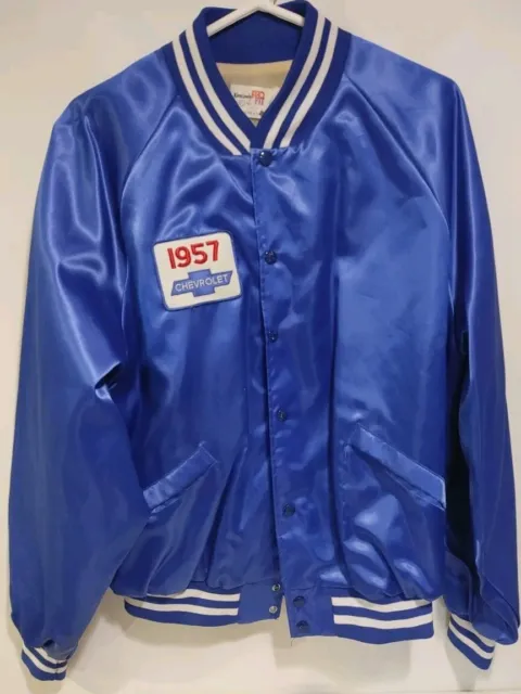 Vintage 80s 57 Chevrolet King Louie Blue Satin Bomber Jacket Size XL Made In USA