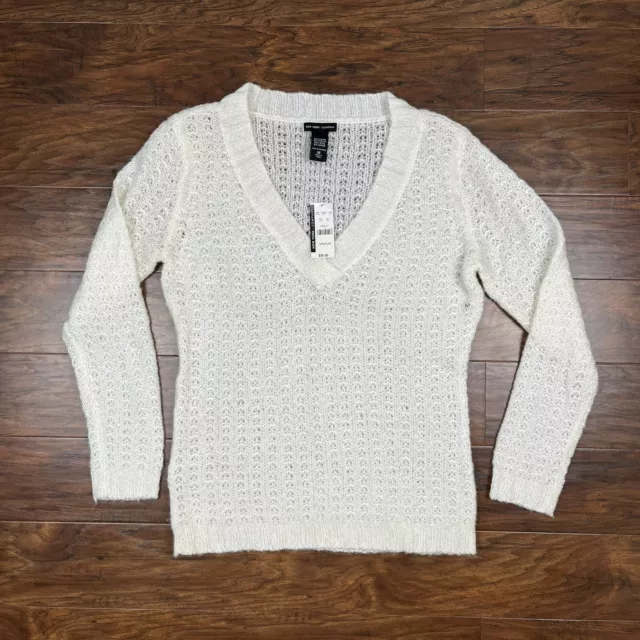 New York & Company Womens M V Neck Cream Ivory Open Knit Long Sleeve Sweater NWT