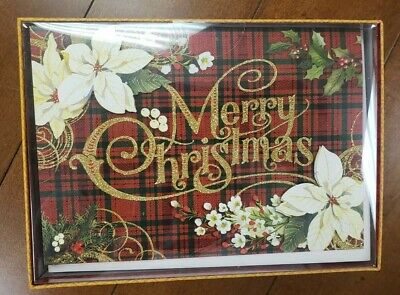 NWT Punch Studio 14971 Box 15 Embellished Christmas Cards Plaid Merry Christmas