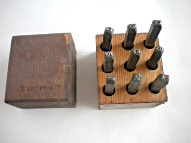 Complete 9 pc Set Vintage Miller Numbers 1/8" Steel Die Punches in Wood Box