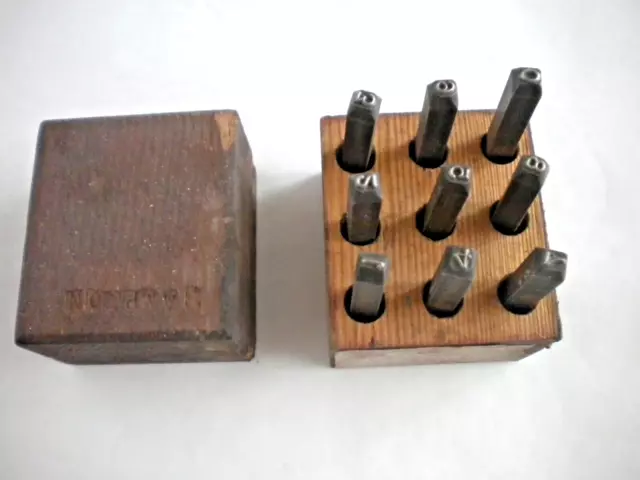 Complete 9 pc Set Vintage Miller Numbers 1/8" Steel Die Punches in Wood Box