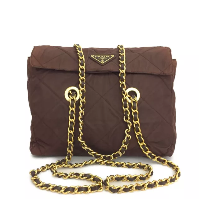 PRADA Logo Plate Brown Nylon Chain Shoulder Bag/4W0441