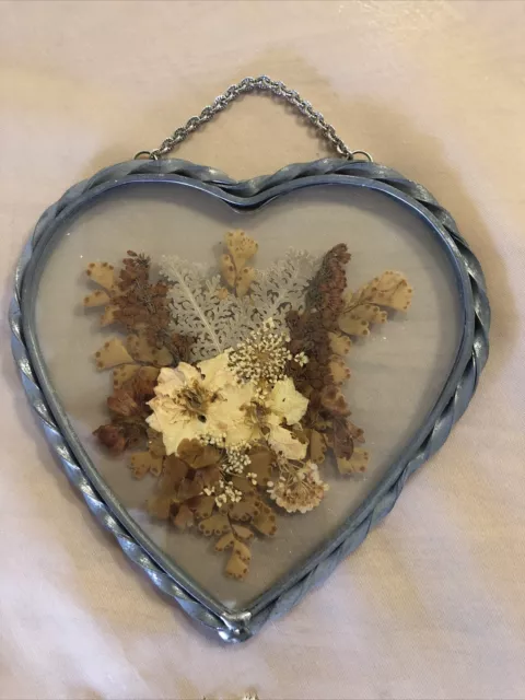 Heart Shaped Stained Glass Sun Catcher Dried Flowers Beautiful Collectible