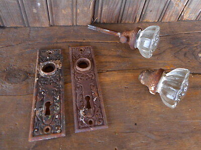 Eastlake Antique Clear Glass Door Knobs Ornate Brass Back Plates rusty Salvage