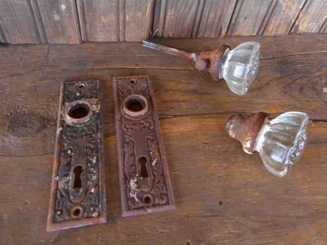 Eastlake Antique Clear Glass Door Knobs Ornate Brass Back Plates rusty Salvage