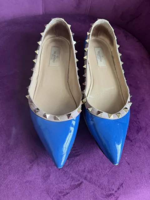 Valentino Shoes Women Blue 39.5 Rockstuds Flats Patent Leather