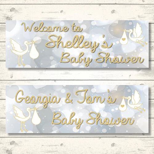 2 PERSONALISED STORK BABY SHOWER BANNERS - 800 x 297mm - ANY NAME/MESSAGE