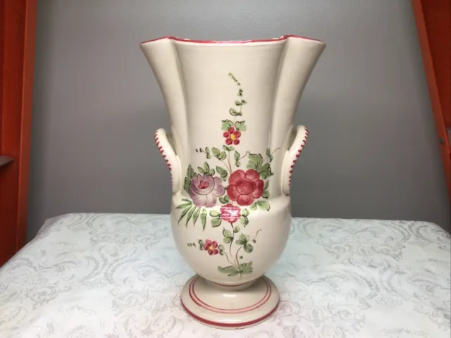 Deruta V.C. Italian Pottery Footed Vase Tuscan Floral Scalloped Fluted Top 10”