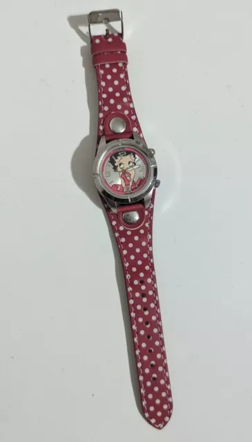 Vintage Betty Boop Light Up Silver Tone Case Polka Dot Band Watch Womans 7 Inch