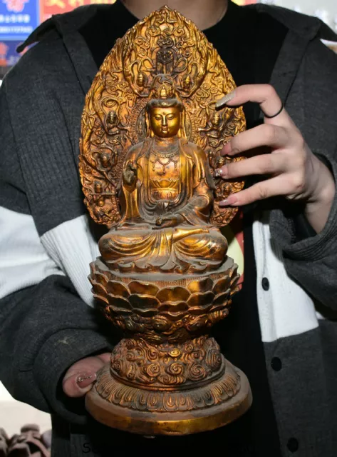 14.4" Old Chinese Copper Gilt Seat Kwan-Yin Guan Yin Boddhisattva Goddess Statue