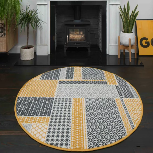 Traditional Ochre Yellow Patchwork Rugs Grey Check Circle Round Dining Room Rug