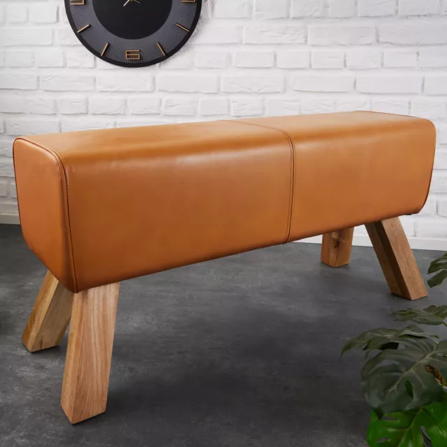 Sitzbank TURNBOCK 100cm cognac Echtleder Mangoholz Retro Sitzhocker Lederbank