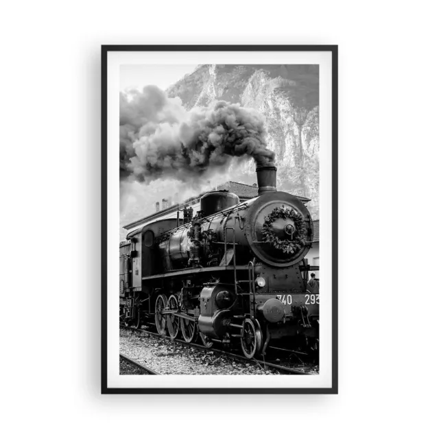 Cuadro Poster de Pared 61x91cm Póster Marco Tren Blanco Y Negro Humo Wall Art