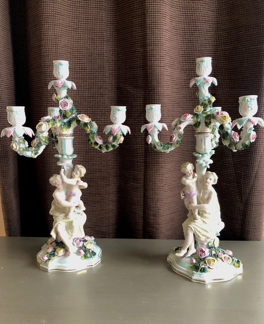 19th Century Pair of Sitzendorf Porcelain Meissen Style Figural Candelabra
