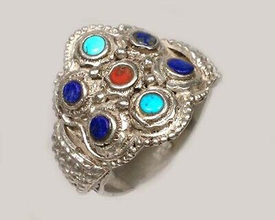 Macedonian Victorian Ring 18thC Antique Silver Lapis Turquoise Jasper Gems Sz 11 2