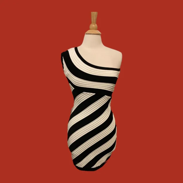 WOW COUTURE Size S Body Con Stretchy 1-shoulder Dress Black & White Stripes NEW