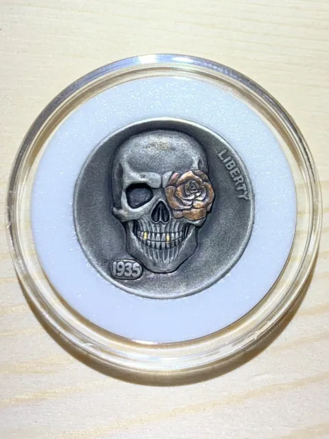 Hobo Nickel Custom Skull W/24k Gold & Copper Inlay By Gediminas Palsis
