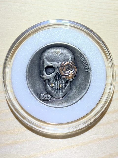 Hobo Nickel Custom Skull W/24k Gold & Copper Inlay By Gediminas Palsis