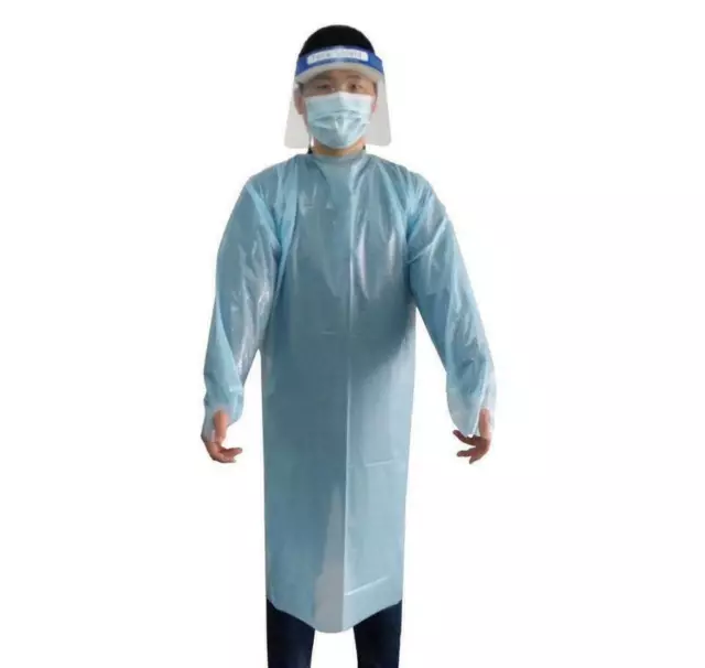 100 Blue Disposable CPE Isolation Medical Gowns Full Sleeves Apron Thumb Loop 3