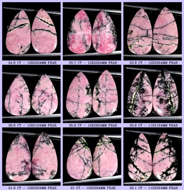 Naturel Rhodonite Pierre Précieuse Desseré Poire Cabochon Paire De Afrique