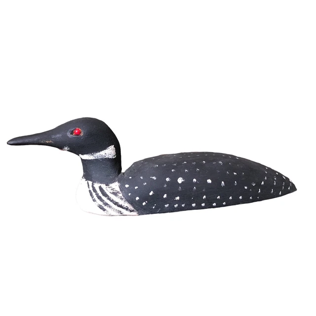 Hand Carved Hand Painted Primitive Wooden Common Loon Black White Glass Eyes