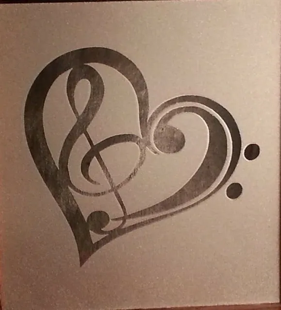 6 x 6 Etched Glass Panel Musician's Gift Music Note Treble Bass Clef Heart Shape