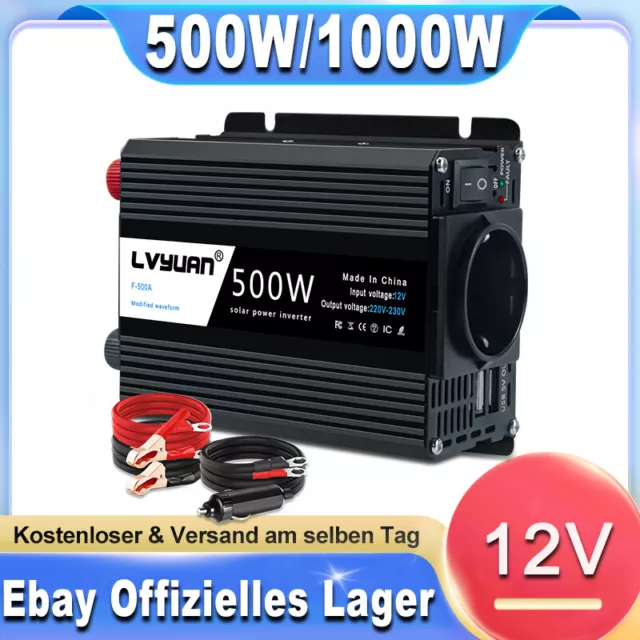 500W Spannungswandler Wechselrichter DC 12V auf AC 230V Auto Inverter Camp USB