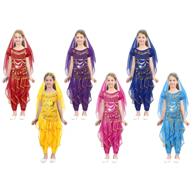 Girls Sequin Indian Belly Dance Costume Arabian Princess Top Pants Headscarf Set