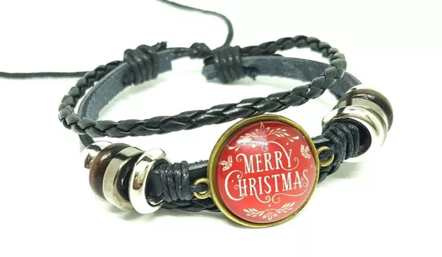 New" Leather Merry Christmas Bracelet Glass Cabochons, Mens/Womans "BARAGIN"