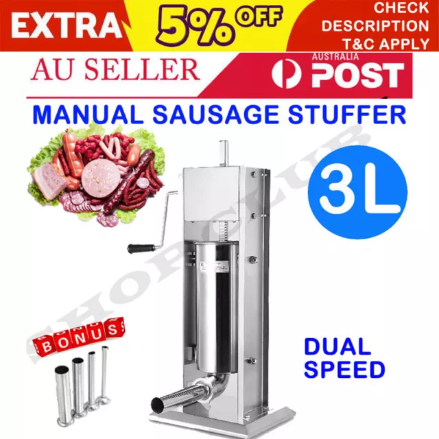 AU Stainless Steel Meat Sausage Filler Stuffer Salami Maker Vertical 3L Machine